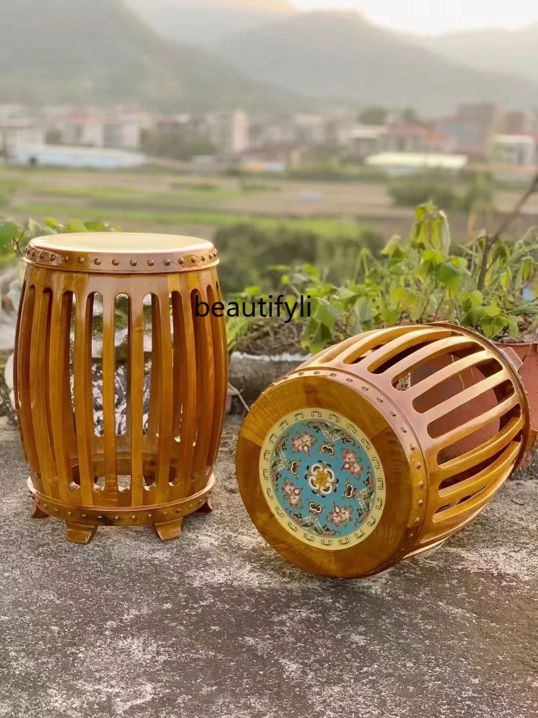 X Small Leaf Golden Silk Nanmu Round Drum Stool Home Decor Solid Wood Craft Furniture