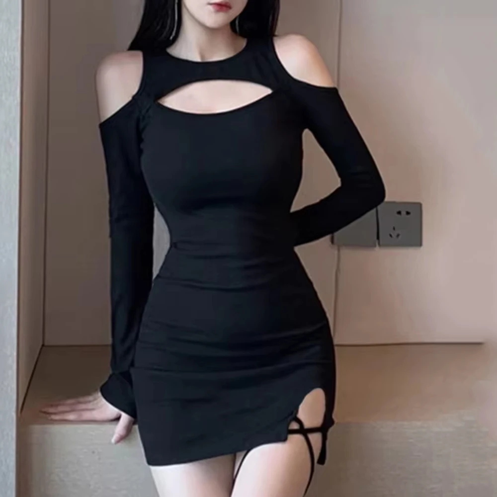 Women Y2K Sexy Bodycon Mini Dress, Cold Shoulder Long Sleeve Chest Hollow Out Side Tie Cutout Split Nightclub Party Dress