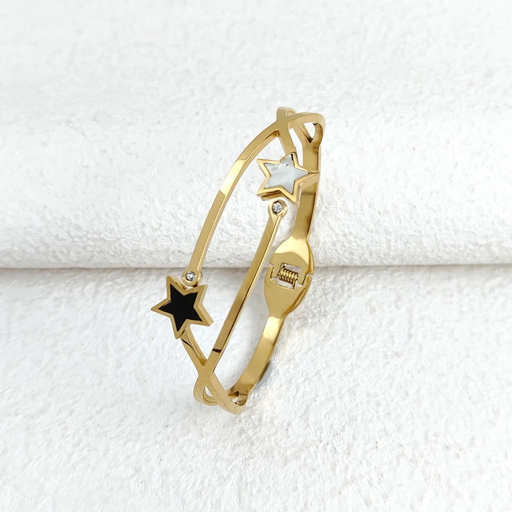 Fashion Black and White Star Zircon Bangles for Women Gold Stainless Steel Jewelry Bracelet Valentine's Day Gift for Girlfriend