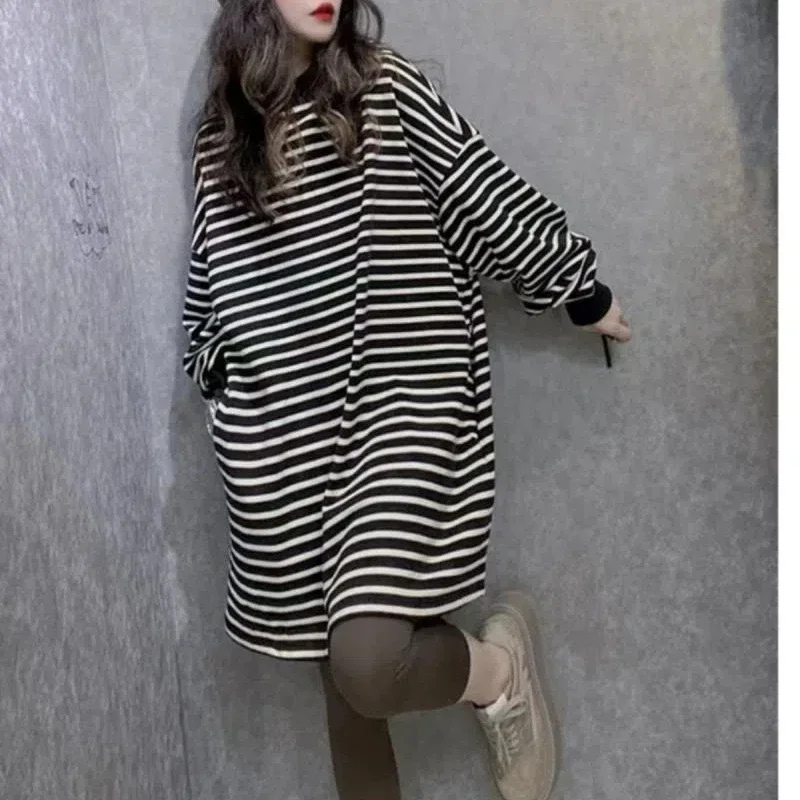 Vintage Striped Plus Size T Shirts Spring Autumn New Long Sleeve Loose Youth Fashion Mid-length Tops Tees Casual Women Clothing