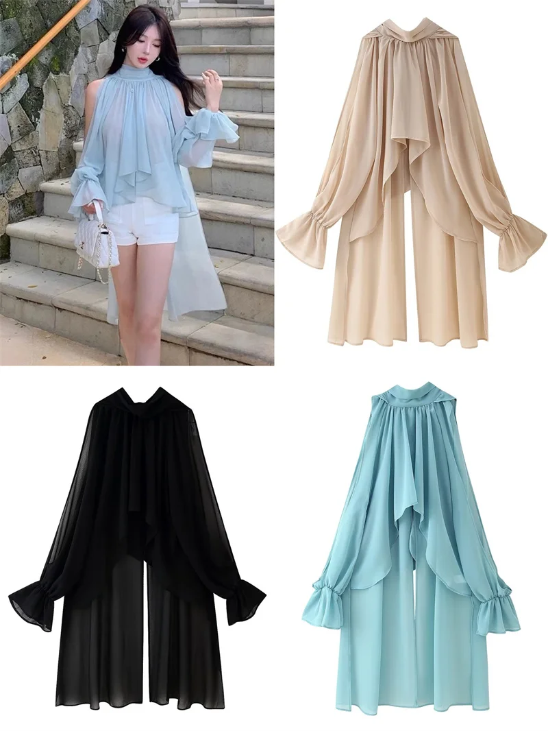 

Women's Blouse Summer 2025 New Solid Color Irregular Chiffon Top Sexy Shoulder Design Elegant Temperament Personality Fashion