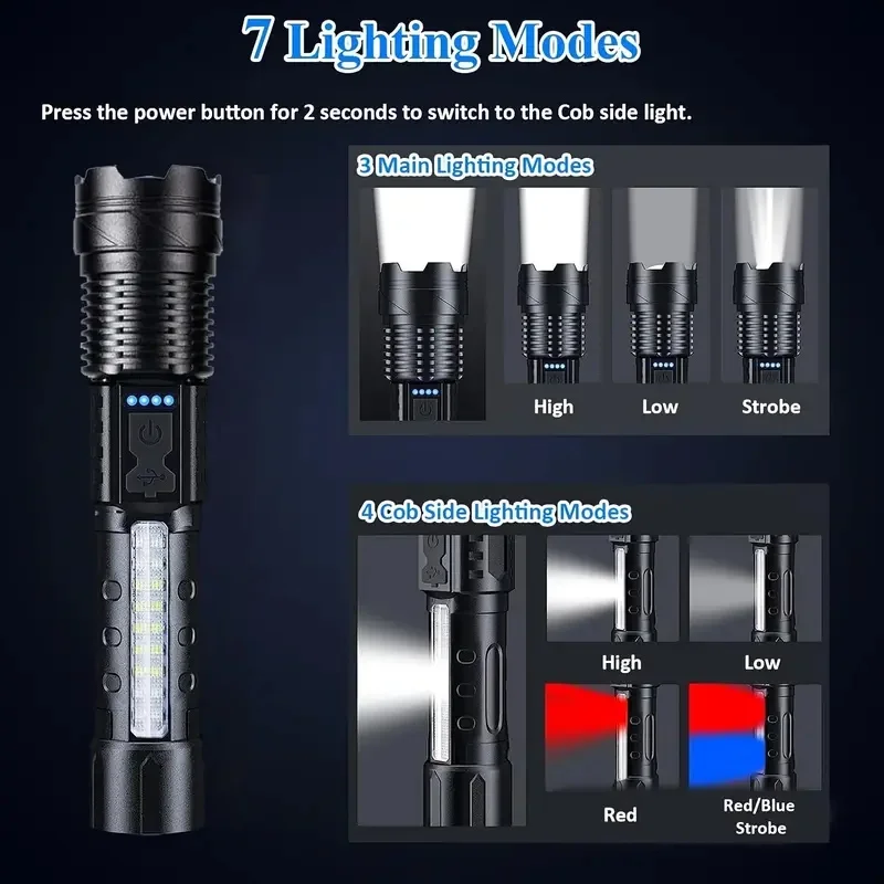 Taktische wiederaufladbare Hochintensitäts-Taschenlampe mit 7-Modi und einstellbarem Fokus, geeignet für Notfälle, Wandern und Camping