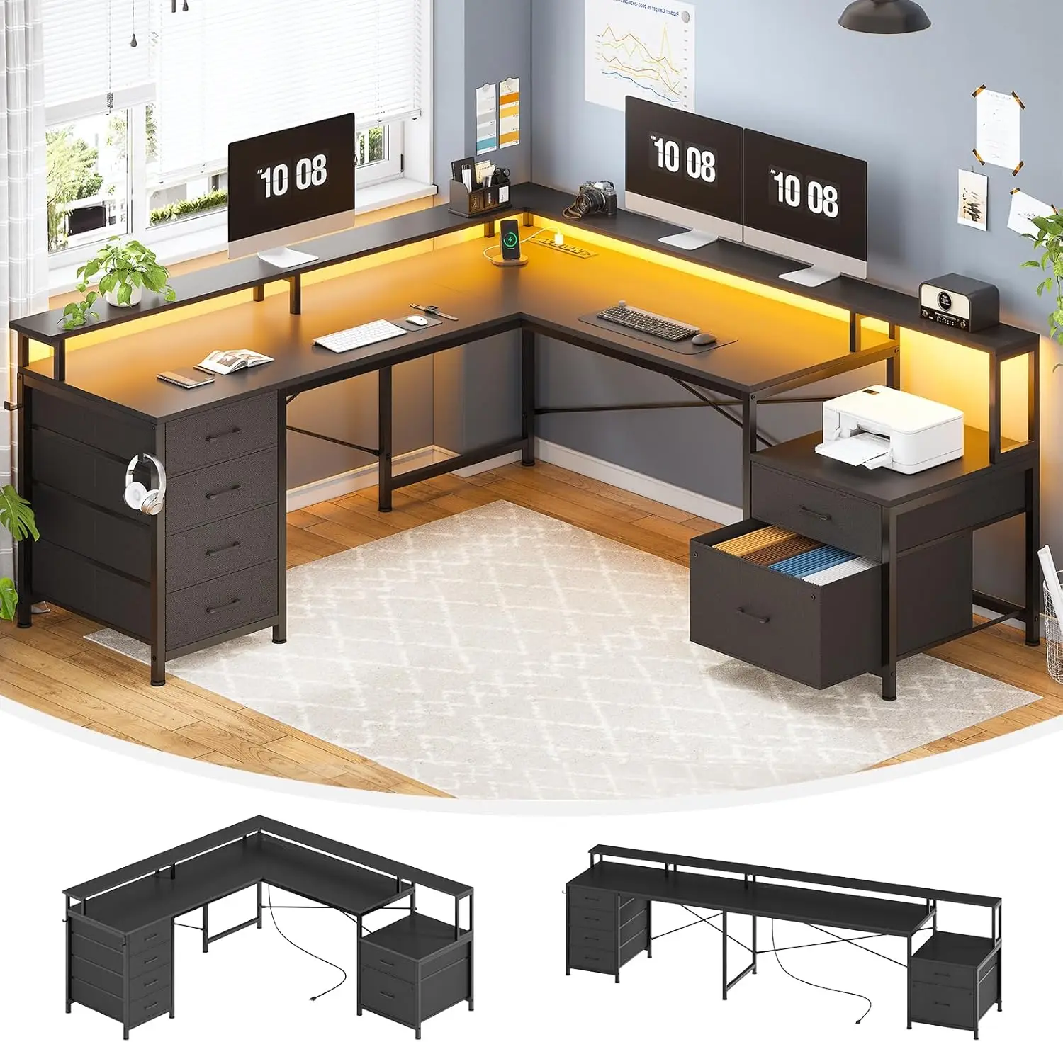 

L Shaped Desk with 6 Drawer 108" Home Office Desk with File Drawer & Power Outlet