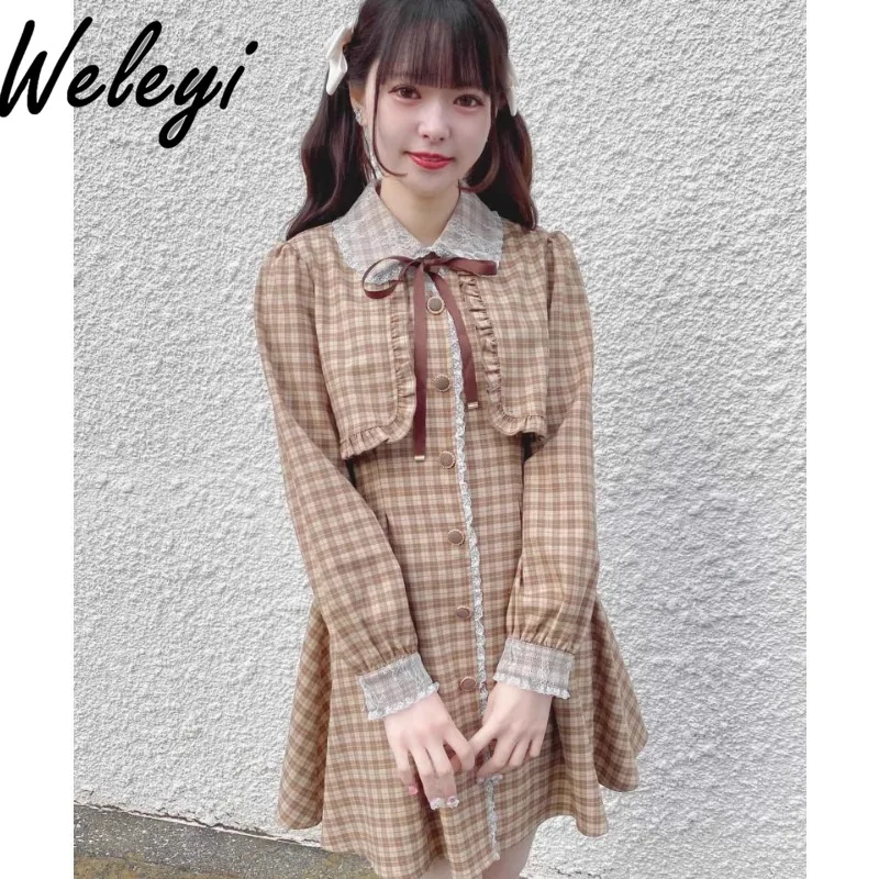 

Super Cute Rojita Plaid Dress for Women Japanese Genuine Streetwear Sweet New College Style Lace Stitching Long Sleeved Sukienka