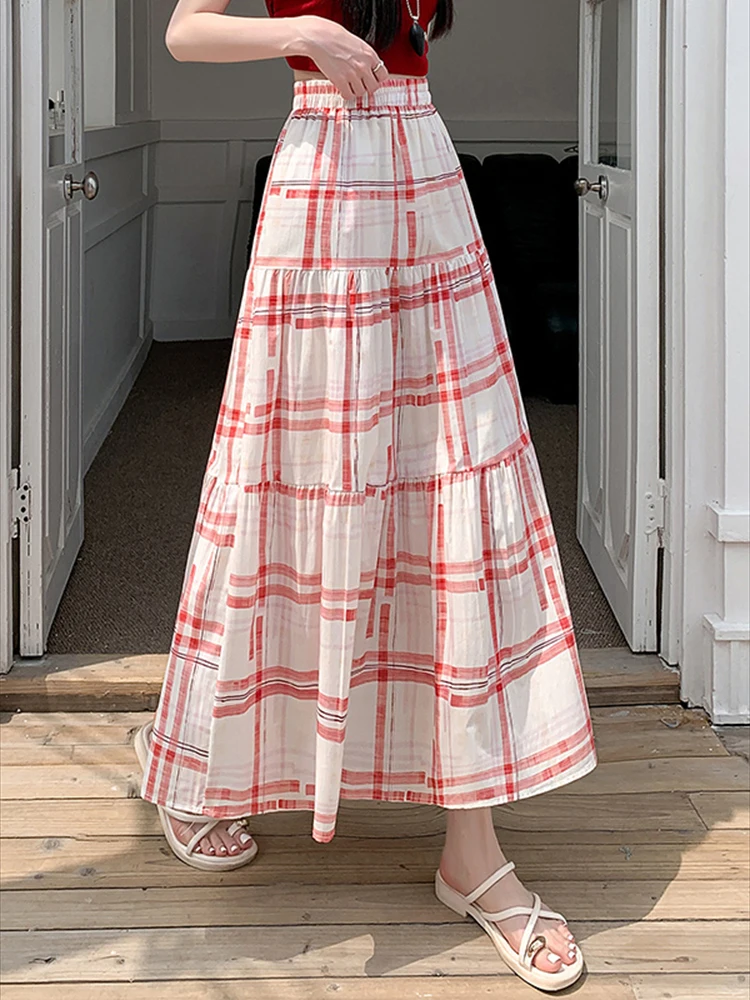 Retro vacation plaid patchwork skirt women in summer fresh and chic high waisted and drooping medium long pleated umbrella skirt