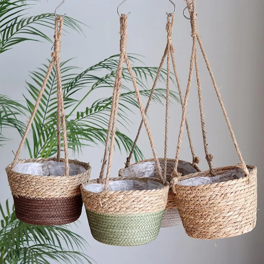 Hängender Blumentopfhalter in Rattanoptik für Innen- und Außenpflanzen, Garten, Terrasse, Veranda, Balkon, Decke, geflochtene Dekoration – Detail 2