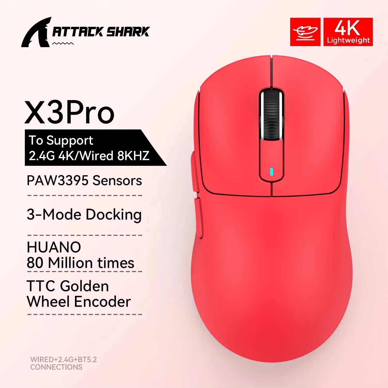 Attack Shark X3Pro Wireless Bluetooth Gaming Mouse PixArt PAW3395 26000dpi Optical Mouse  Tri-Mode Connection Macro Gaming Mouse