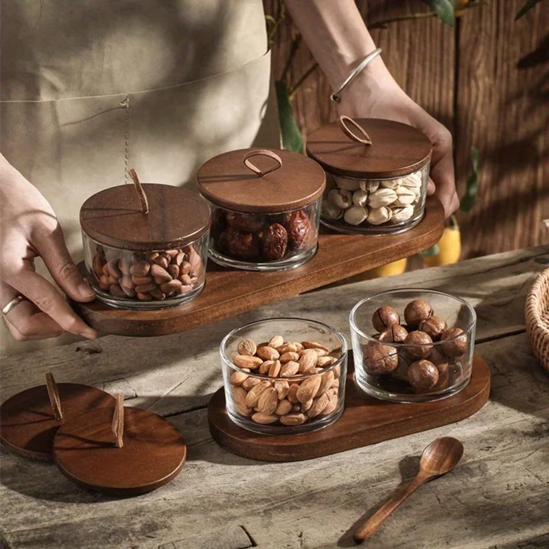

Стеклянная тарелка для сухофруктов, японская стеклянная банка для хранения с деревянной крышкой, поднос для закусок с отделениями, домашний поднос для снеков