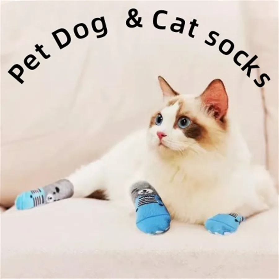 4PCS Warm Pet Cat and Dog Halloween Christmas Socks, Siamese Cat, Persian Cat, Cat and Dog Foot Shoes, Pet Birthday Gifts