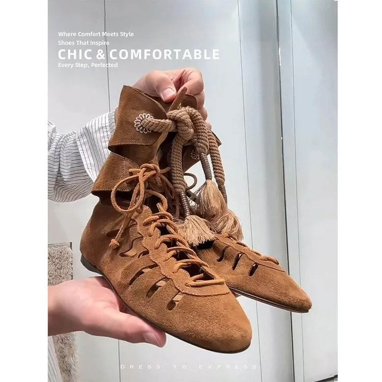 

Women Retro Suede Ankle Boots Pointed Toe Lace Up Flat Booties Hollow Out Cutout Casual Shoes for Party Daily Wear Brown Beige