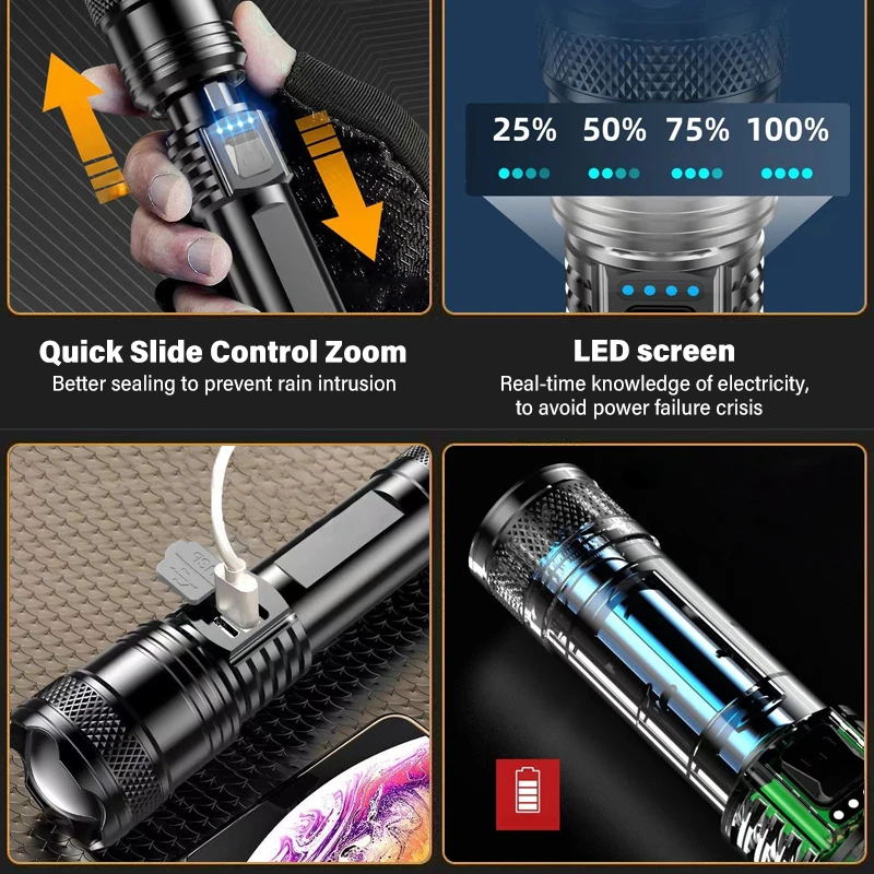 Portable Hight Power ABS Flashlights 3 Lighting Modes Built-in 18650 Battery Rechargeable Telescopic Zoom Torch With Power Bank