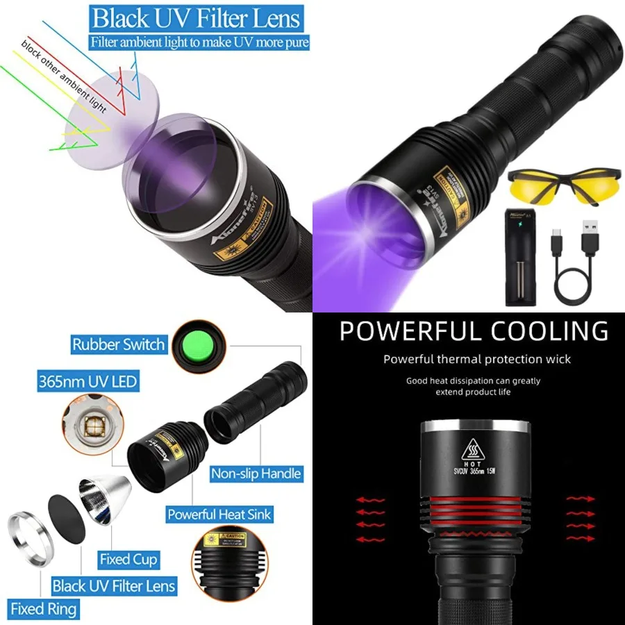 SV13 15W 365nm UV Flashlight Rechargeable Ultraviolet Woods Lamp Powerful Black Light for Pet Urine Detector, Resin, Bed Bug, S
