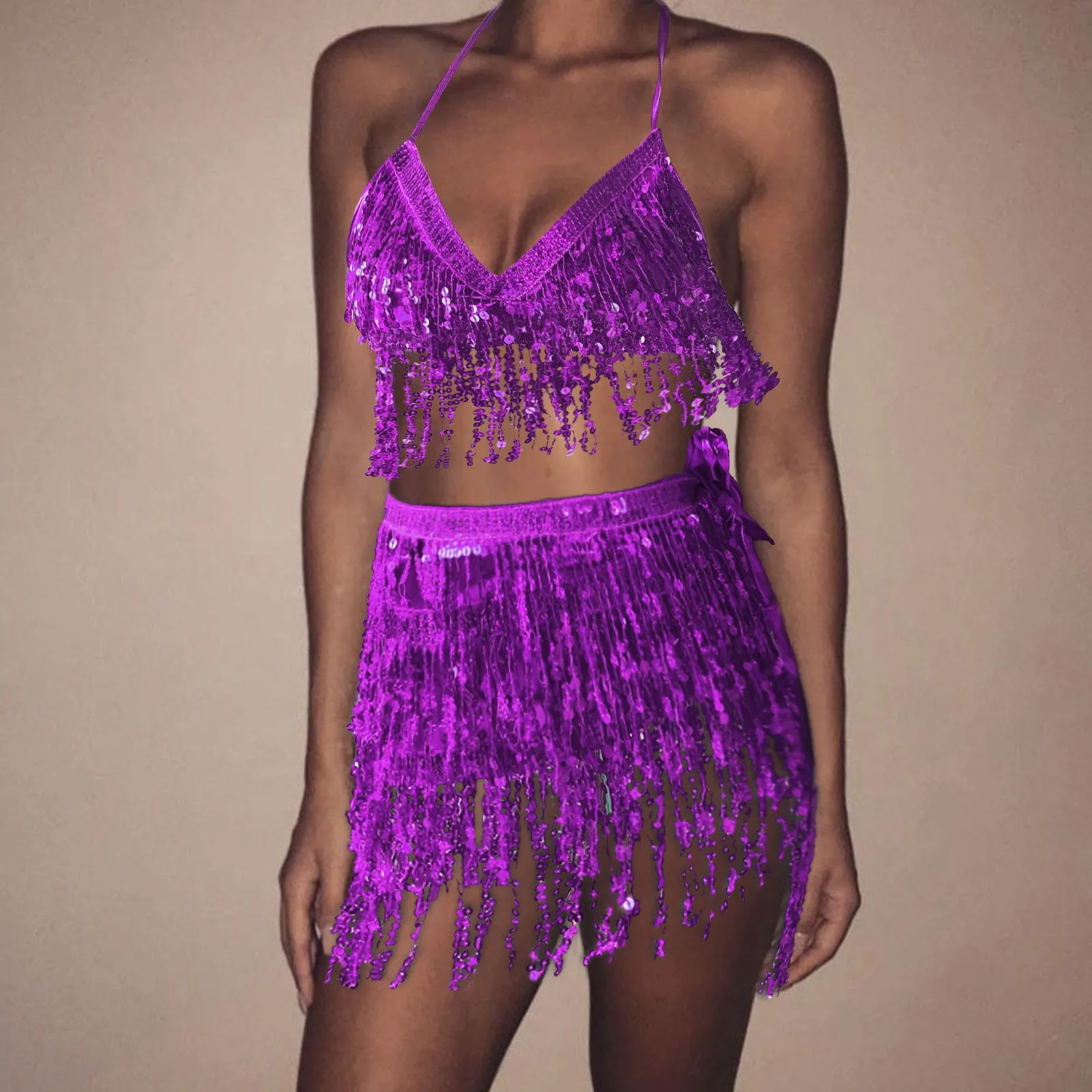 

Summer Women Sexy Belly Skirt Sequined Fringe Miniskirt With Adjustable Waist Straps Mini Skirt Dance Performance Rave Party