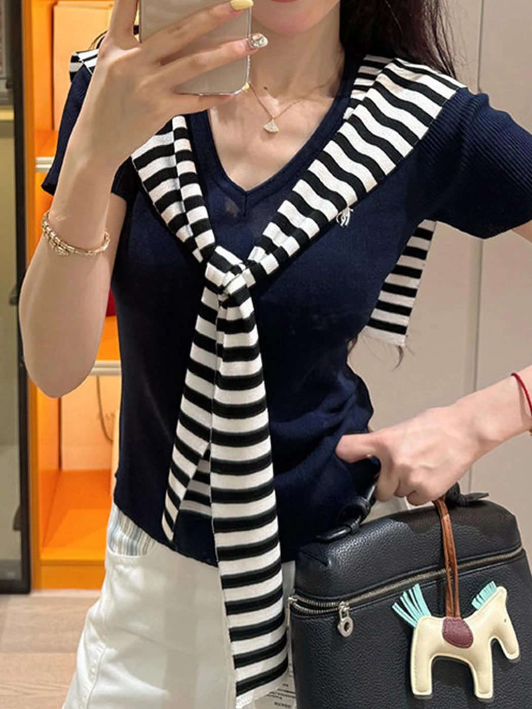White V-Neck Short Sleeve Knitted Top Women's Summer Thin Slimming Korean Style Small Figure Short Length Shoulder Wrap Shirt