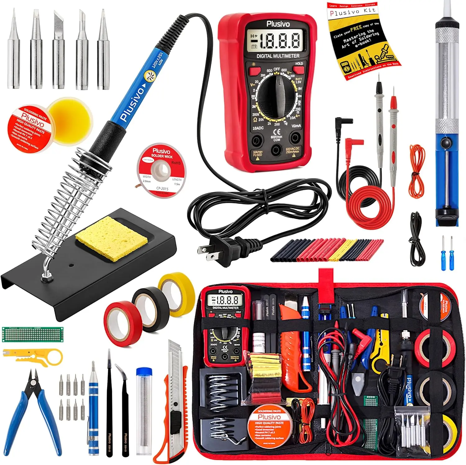 

60W Adjustable Soldering Iron Kit with Digital Multimeter, 5 Tips, Solder Wire & Paste for Electronics Hobbyists