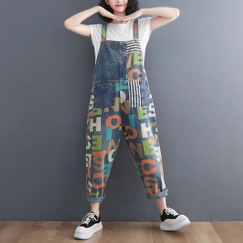 plus Size Denim Overalls Summer New Print Fashion Casual Versatile Personalized Overalls High Waist Dark Color Women's Jeans