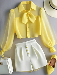 Chiffon Yellow Lapel Neck Perspective Top OL Shirt White Casual Pants Sets 2 Piece Womens Outfits Spring Summer Suit Blouse