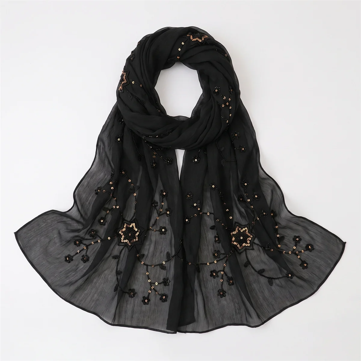 Fashion Crinkle Hijab Scarf With Floral Sequin Embroidery Lightweight Headscarf Shawl For Women Wedding Evening Cocktail Party view 5