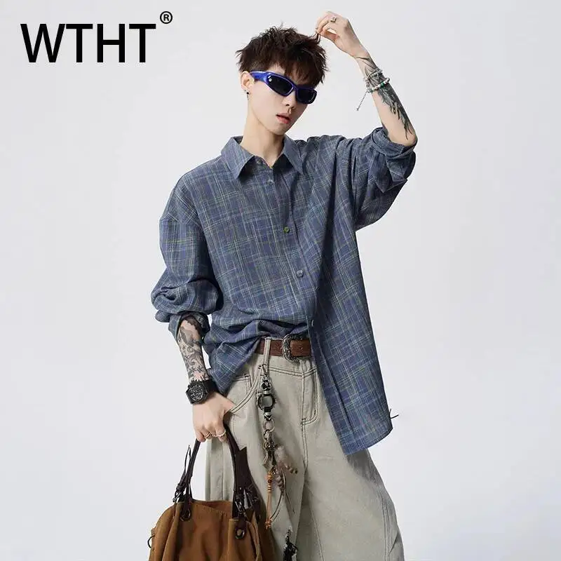 

WTHT Trendy Fashion Men's Plaid Loose Casual Shirts Vintage 2026 Summer Turn Down Collar Single Breasted Tops Male 2A2859