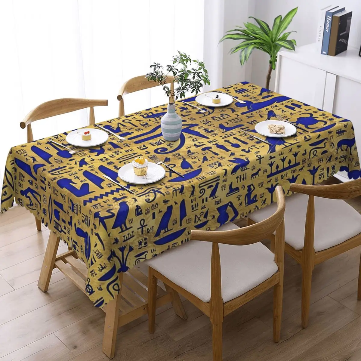 Egyptian Hieroglyphic Lapis Lazuli And Gold Rectangular Tablecloth Table Cover for Festival Party Decorations Table Cloth