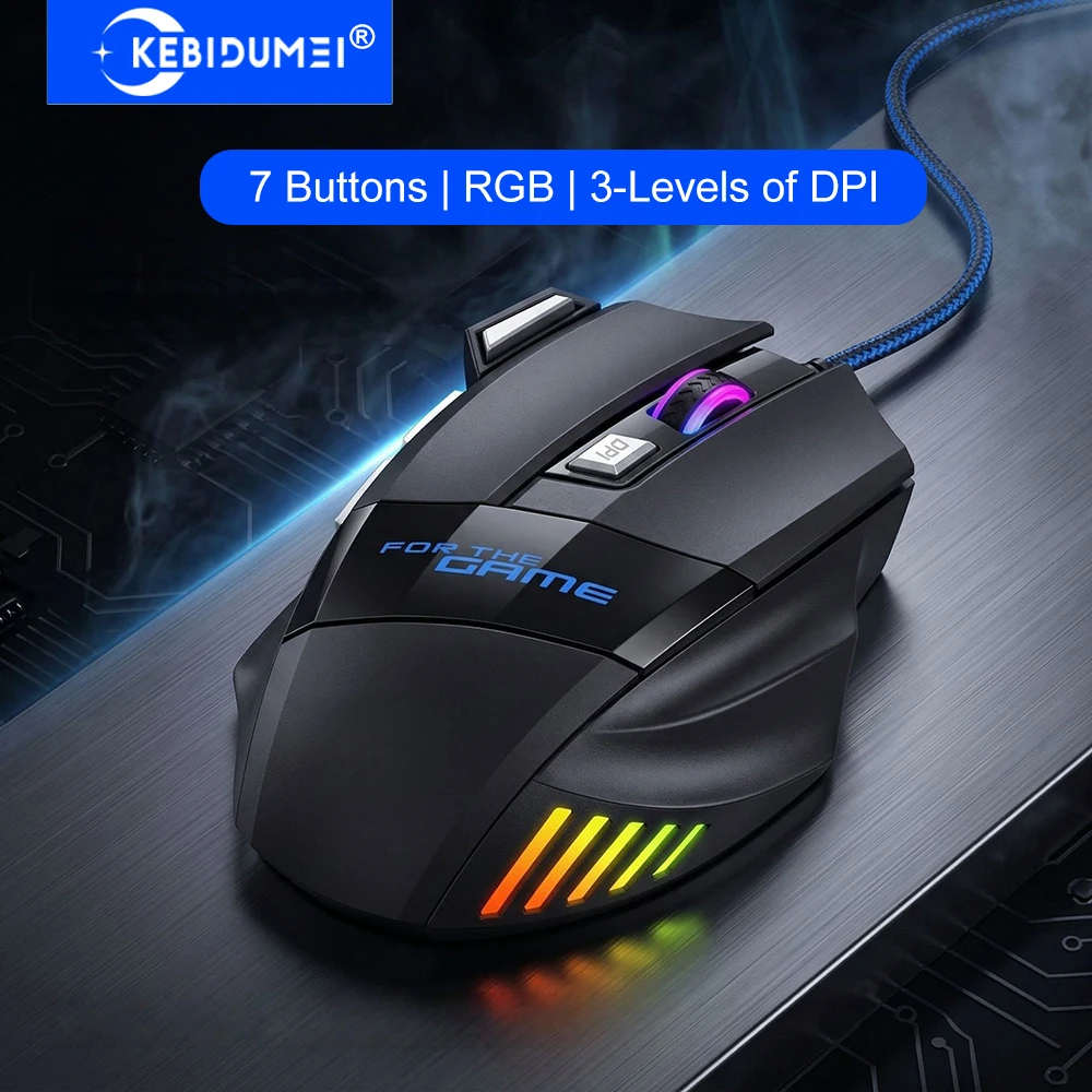 KEBIDUMEI RGB Backlit Gaming Mouse 7 Buttons Wired Mouse Ergonomic Mouse 2400 DPI 3 Level DPI For PC Laptop Windows Mac OS