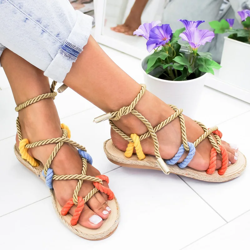 Women Sandals 2020 Fashion Summer Shoes Woman Flat Sandals Hemp Rope Lace Up Gladiator Sandals Non-slip Beach Chaussures Femme