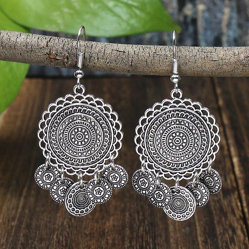 Vintage Ethnic Style Hollow Water Drop Pendant Earrings for Women Long Antique Silver Color Elegant Earring Jhumka Jewelry