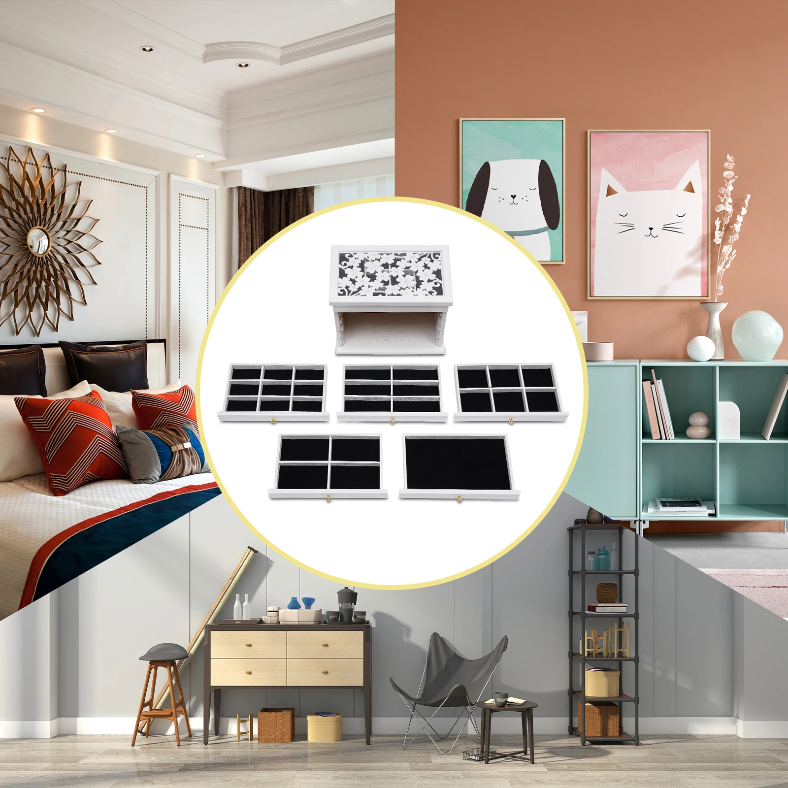 Boîtes à bijoux blanches à 6 couches, rangement de bagues et de colliers, boîte en bois de grande capacité