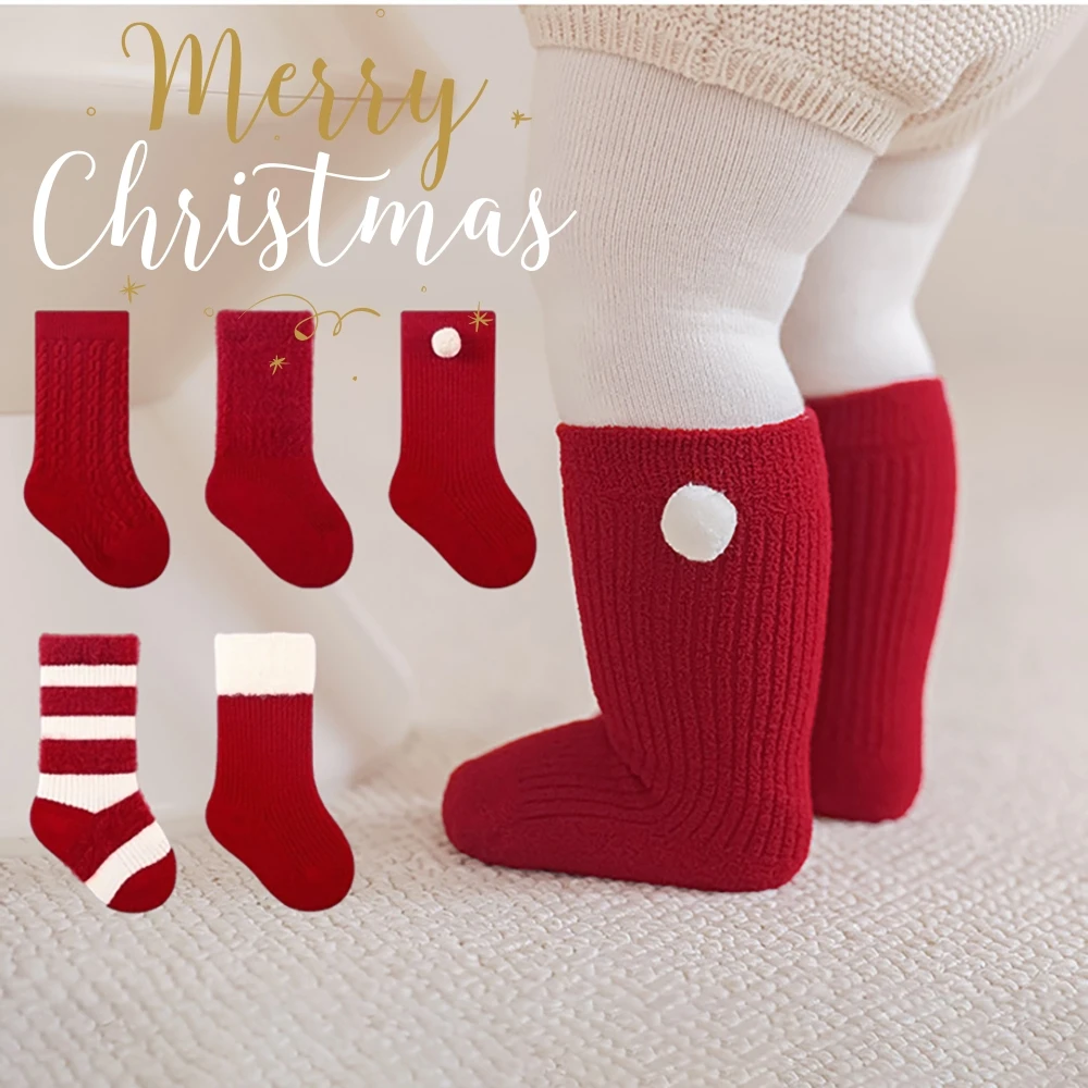 Kids Thicken Socks 0-12T Christmas Day Sweet Red Girls Knee-high Socks Fleece Padded Warm Children Socks