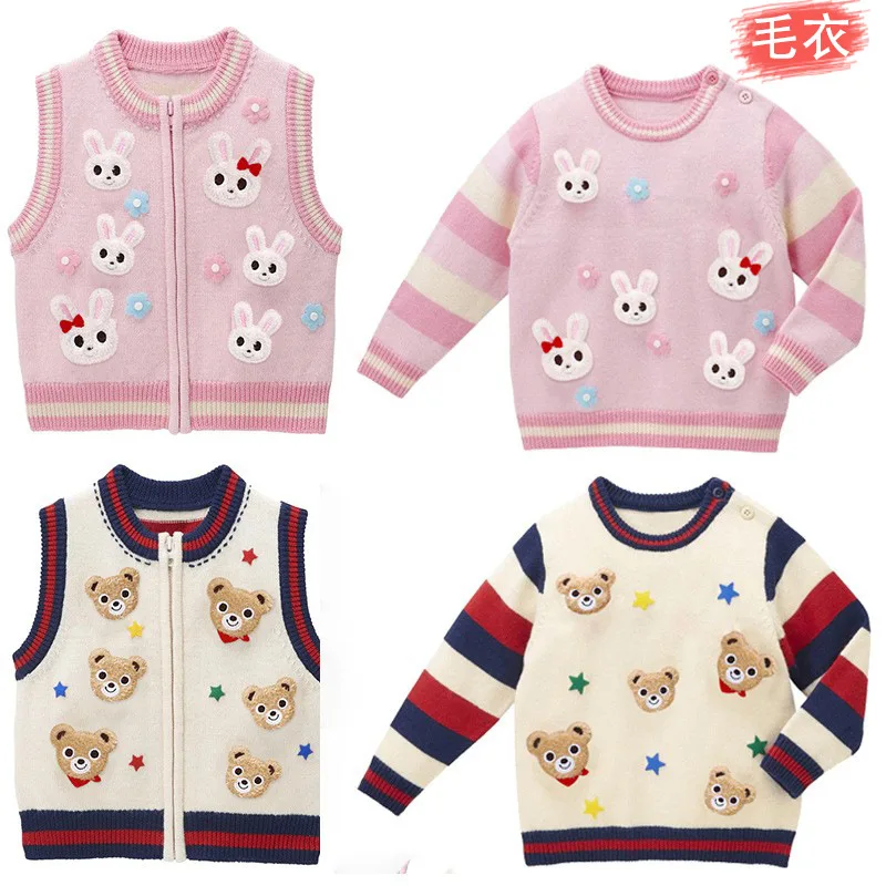 Japanese Korean Autumn Winter Kids Cartoon Bear Bunny Knitted Sweater and  Vest Top for Boys Girls Children Casual Warm 80-160