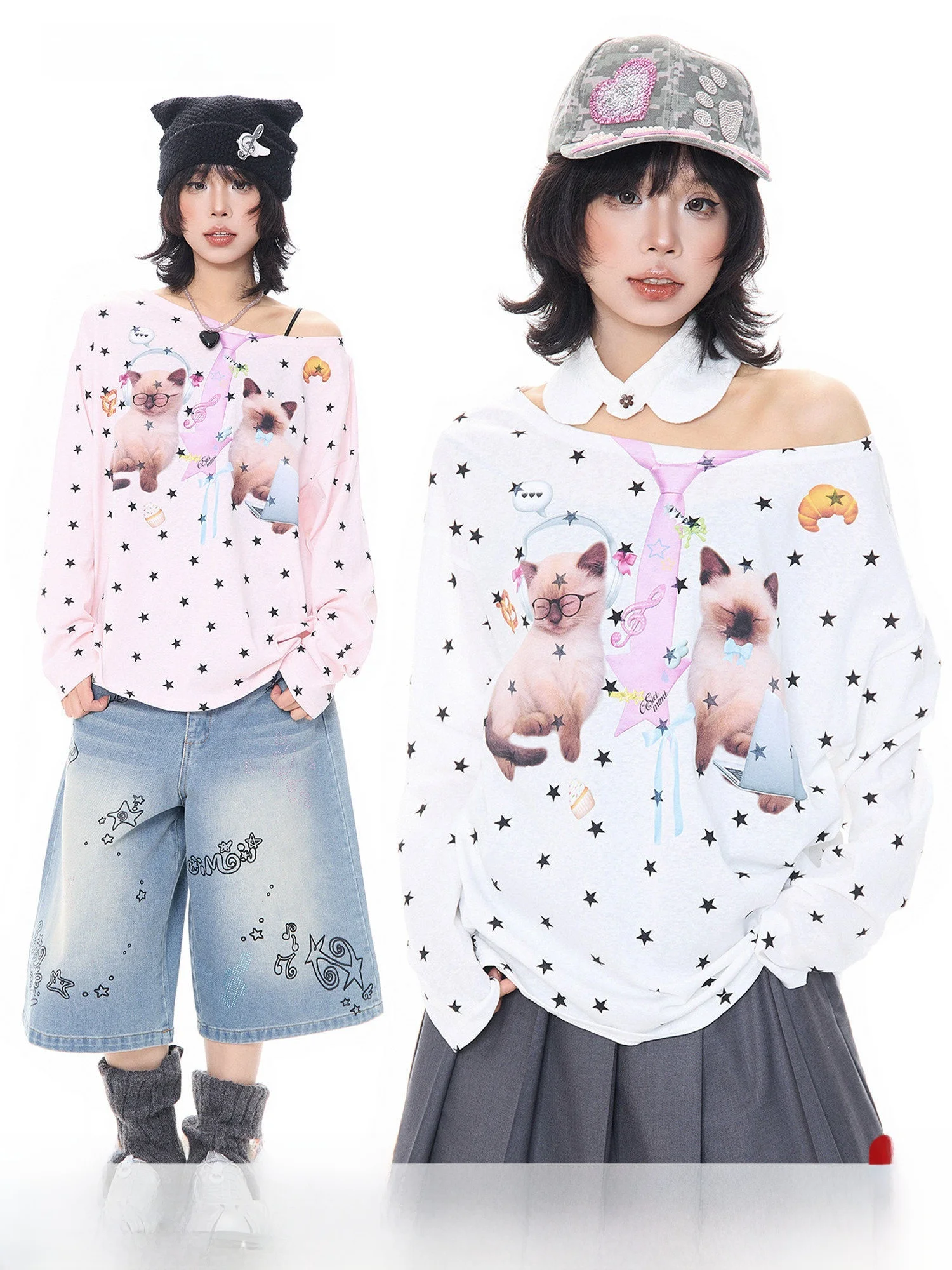 

Милая женская футболка с длинным рукавом и принтом звезд, с открытыми плечами, весенняя, свободного кроя, базовая, в корейском стиле, повседневная, из смесового хлопка