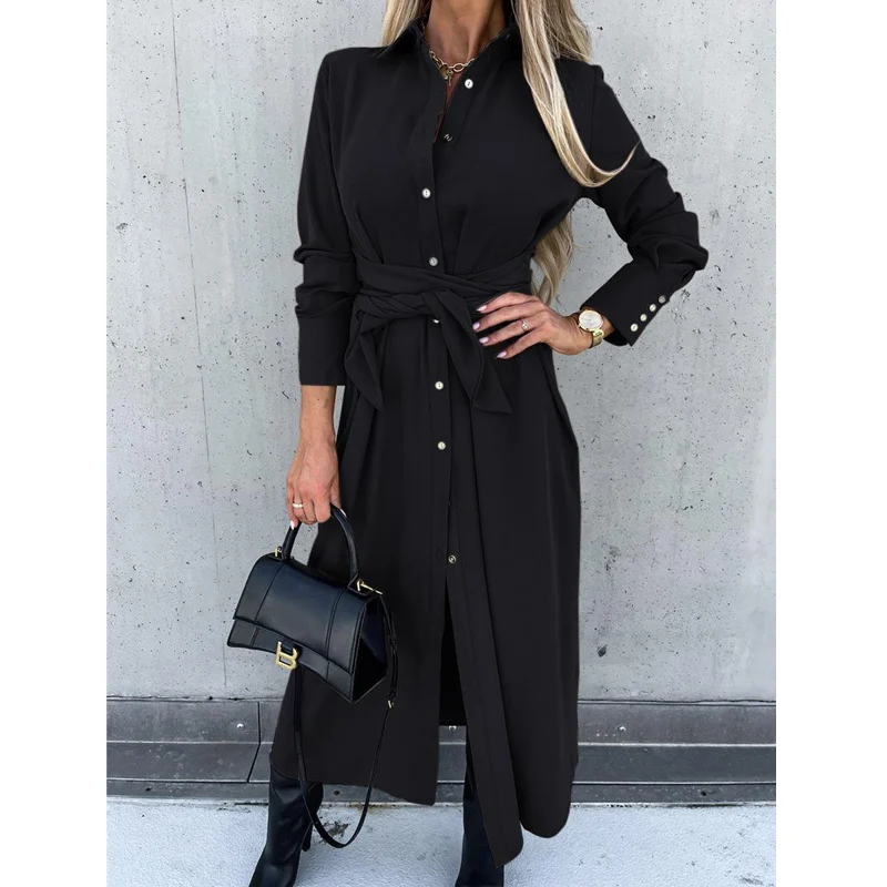 Elegante moda Lace Up Office Lady abiti da pendolare Sexy Split Solid manica lunga monopetto camicia Midi Dress Robe abbigliamento