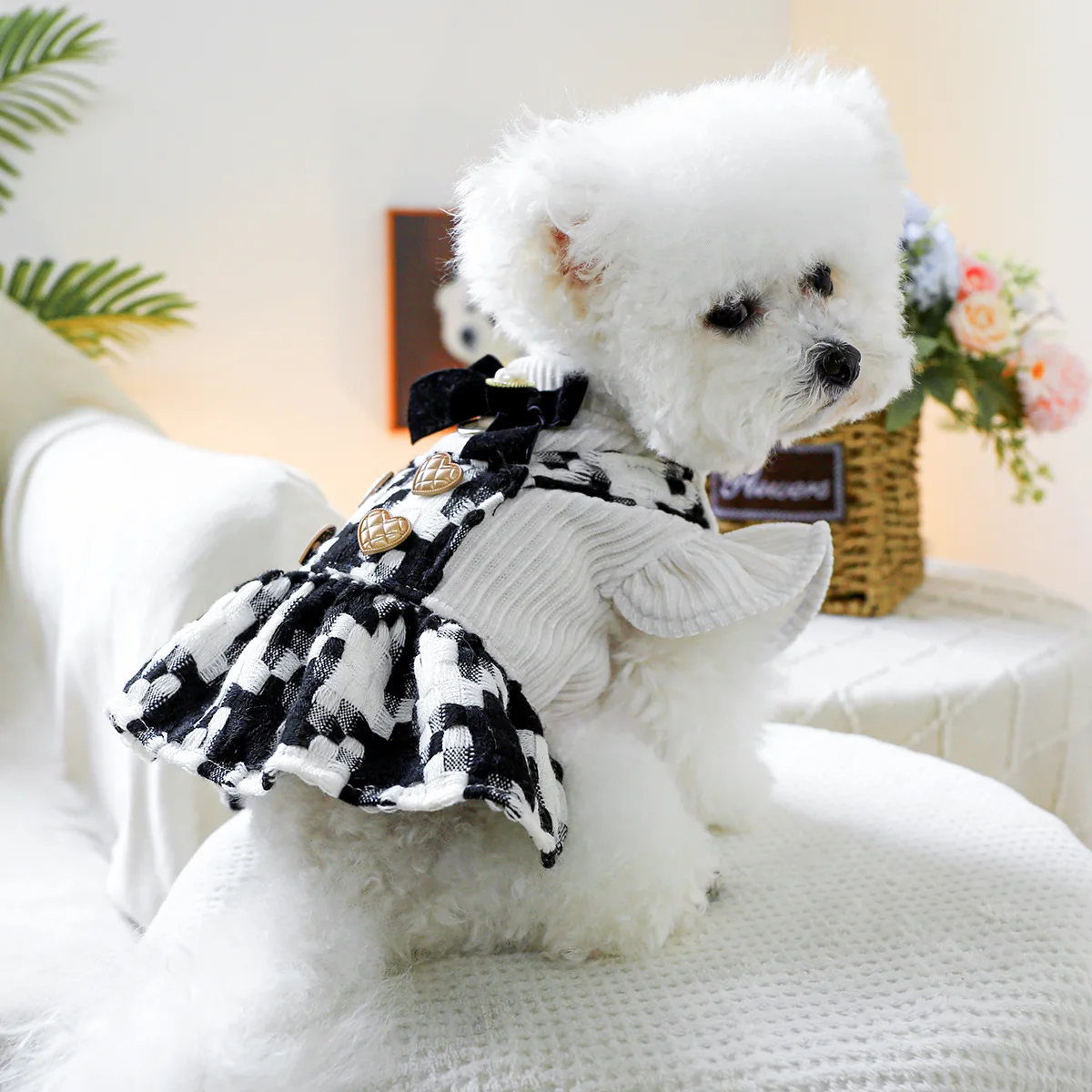 Pet Plaid Bow Montage Two-piece Dress Dog Autumn and Winter Plaid Coat Cat Clothing Love Suspender Skirt Puppy Clothes