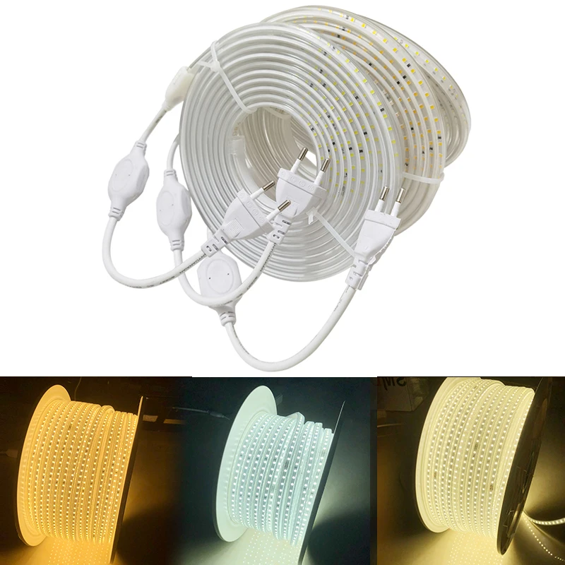 IP68 LED Strip Lights 220V Outdoor Waterproof Led Tape 5M 10M 15M 20M 25M Warm White Led Flexible Light Kitchen Garden Lighting