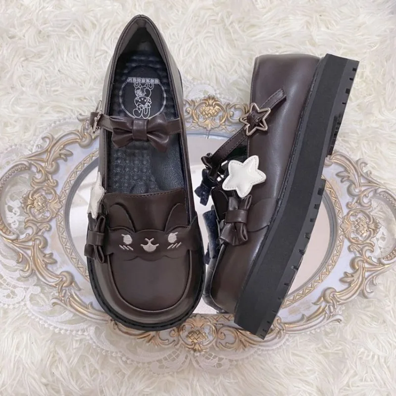 Cute Cartoon Cat Face Platform Mary Jane Shoes Women Star Bow T-Strap Lolita Flat Shoes Gothic Japanese JK Uniform Loafers