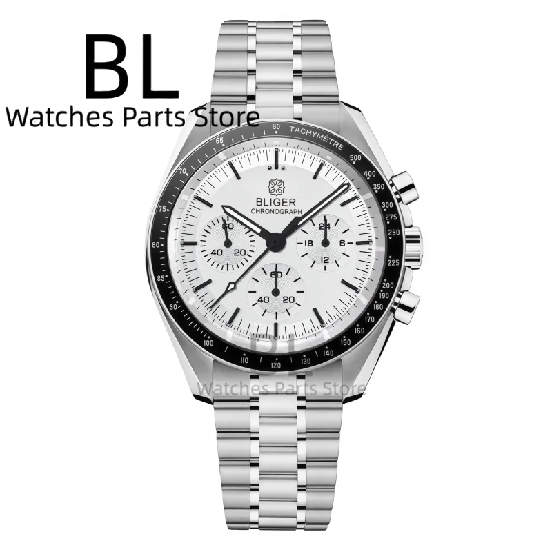BLIGER 40mm Moon Quartz Watch For Men VK63 Chronograph Bubble Crystal Waterproof Stainless Steel Black White Dial Business Watch view 3