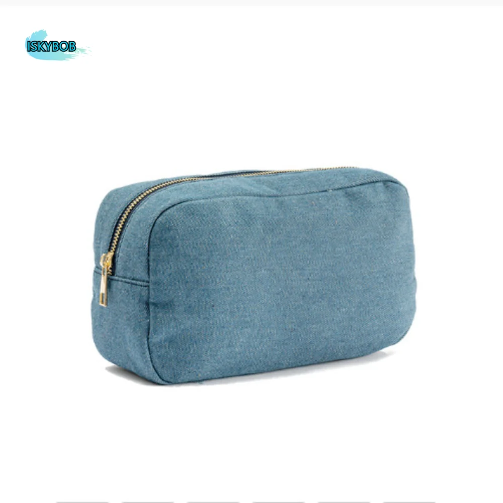 

4 Sizes Blue Denim Cosmetic Pouch Vintage Solid Color Travel Storage Bag Stationery Organizer with Zipper Jean Toiletry Case