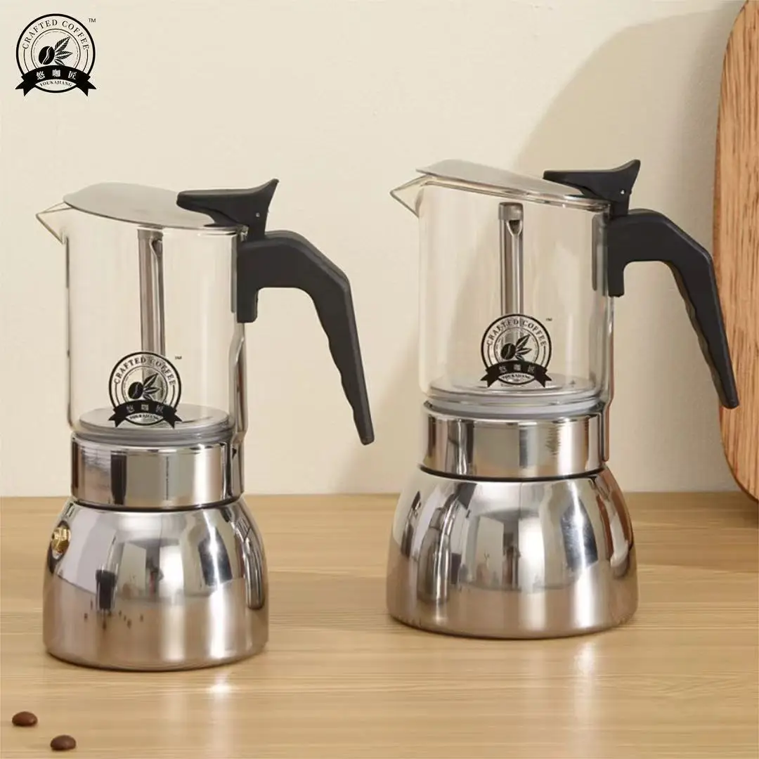 4/6 وعاء موكا شفاف: جسم زجاجي عالي البورسليكات، قاعدة متينة 430. استخدام المنزل/المكتب/التخييم. يعمل على الحث والغاز