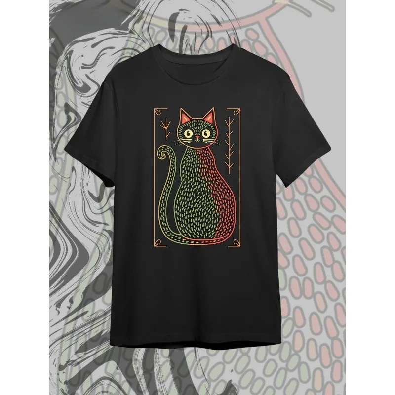 Female T‑Shirt Folk Style Black Cat Graphic Print Short Sleeve Tees Retro Frame Art Design Loose Fit Women Casual Daily Tops