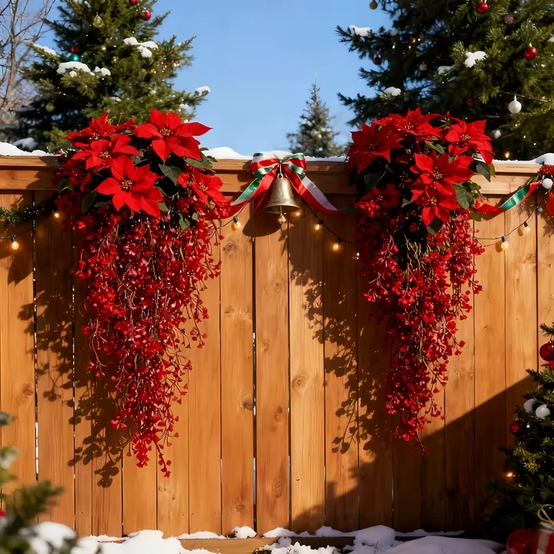 4 قطع من البونسيتة مع مجموعة كرمة الصفصاف الذهبية - زهور محاكاة بلاستيكية مناسبة لجميع الأحوال الجوية وأوراق حمراء لعيد الميلاد في الهواء الطلق #2