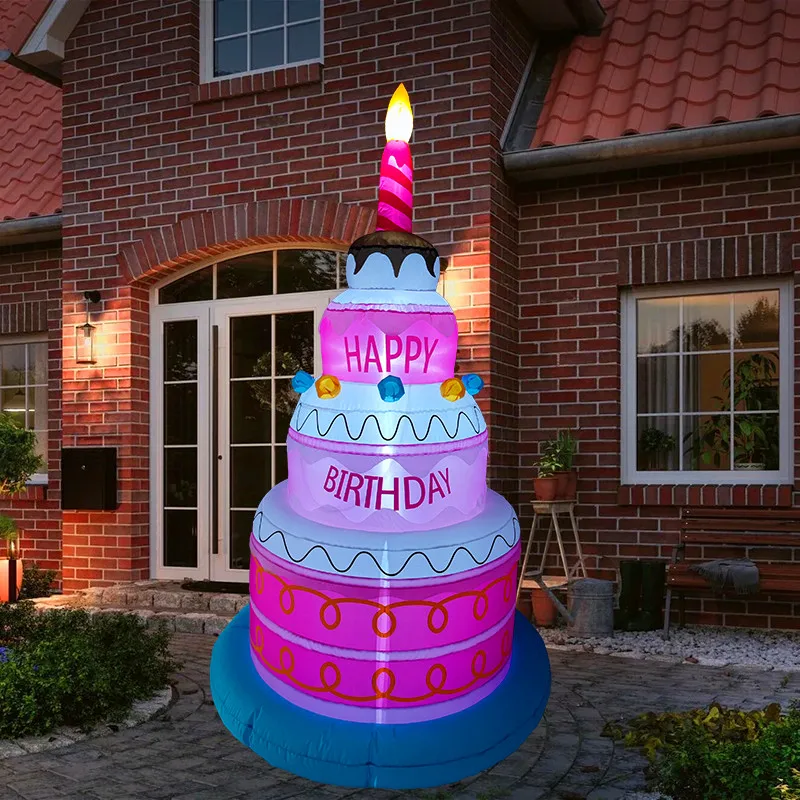 6FT Cake Inflatable Toys Happy Birthday Party Decorations Builted-in LED Lights Outdoor Yard Garden Inflatable Model Decor