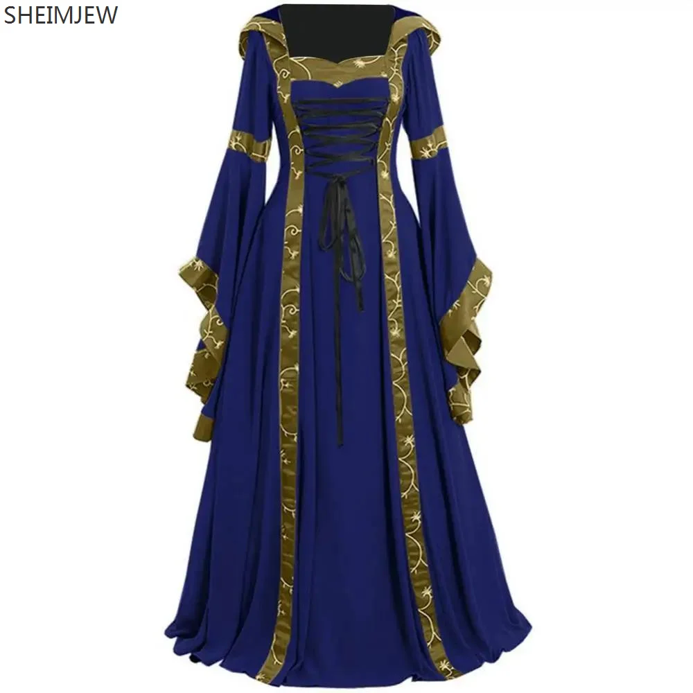 

QWomen Lace-up Long-sleeved Medieval Cosplay Dress Retro Palace Style Hooded Dress Square Neck Trumpet Sleeves Large Hem Skirts