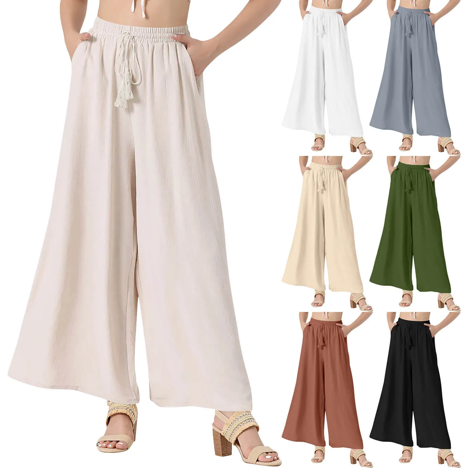 Women'S Wide Leg Pants Solid Color Boho Flowy Trousers Draped Temperament Drawstring High Waist Summer New Fashionable Pants