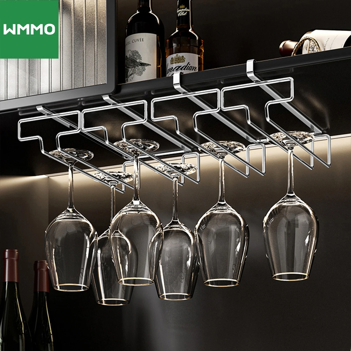 WMMO Hanging Wine Glass Rack No Drilling Carbon Steel Goblet Storage Rack Cabinet Hanging Rack Suitable for Bar Kitchen