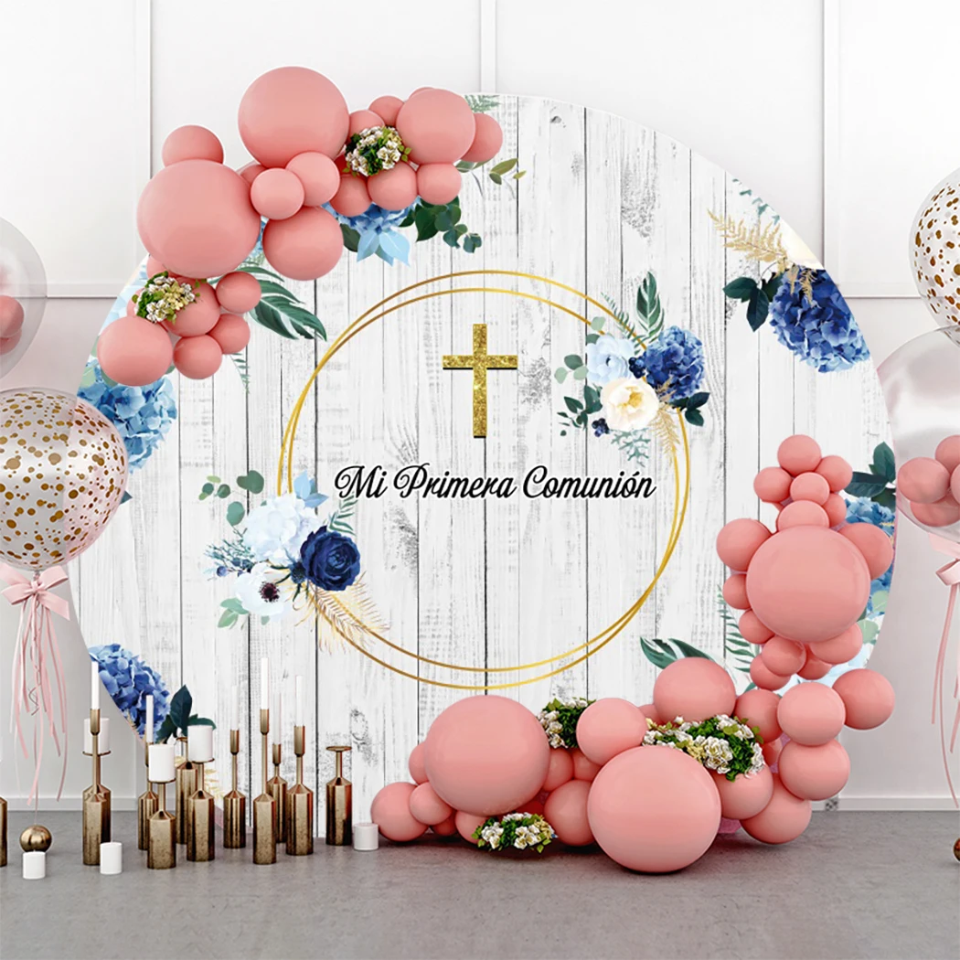 My First Communion Wood Board Round Backdrop Watercolor Floral Gold Cross Kid Baby Portrait Customized Photography Background