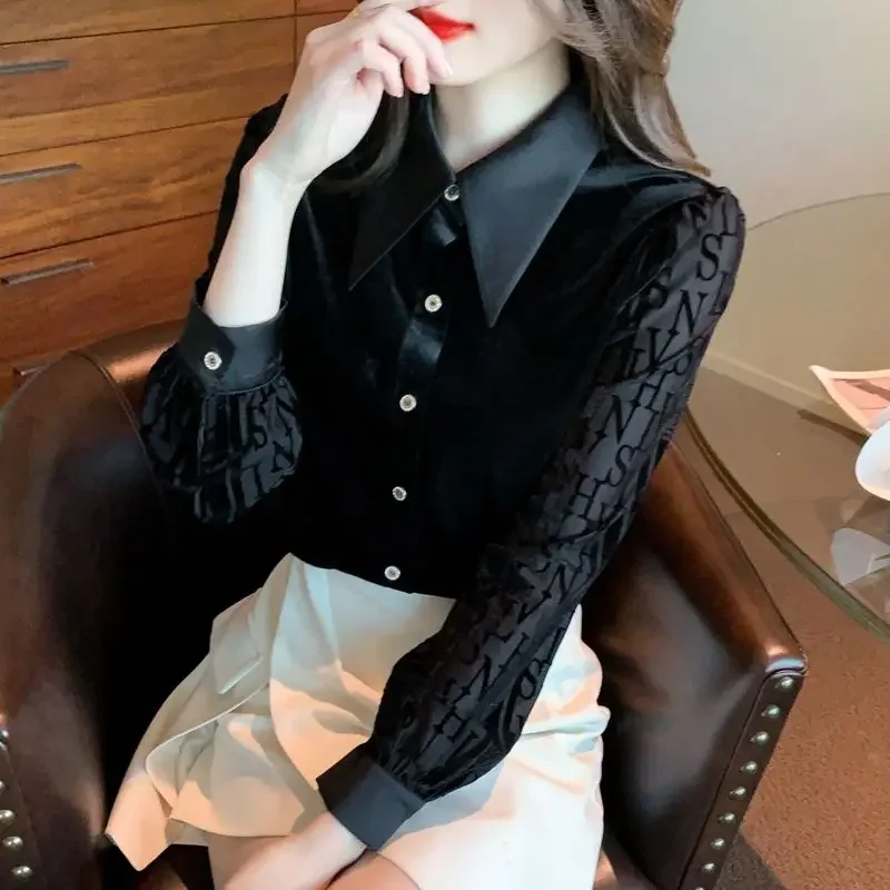 Female Tops Spring and Autumn Black Full Long Sleeve Women\'s Shirt Blouse Button Up Elegant Social Youthful Luxury High Quality