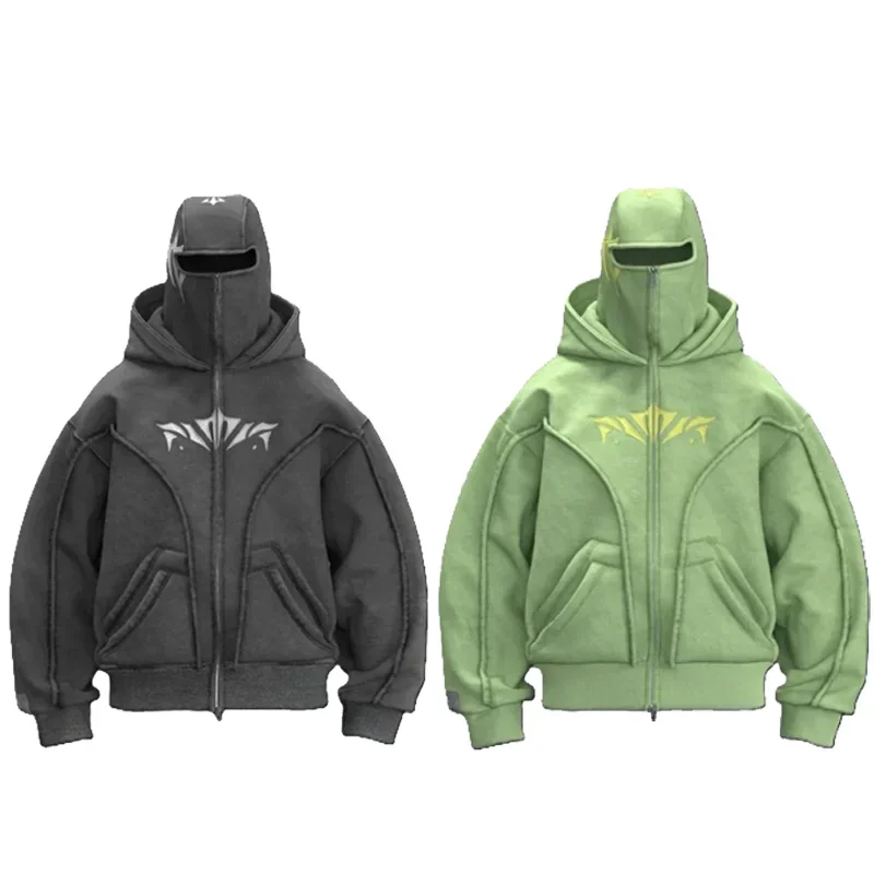 

Y2K Vintage Zip up Hoodie Fashion Printed Pattern Double Hat Cold Resistant Design Sweatshirt Oversized Gothic Men Women Clothes