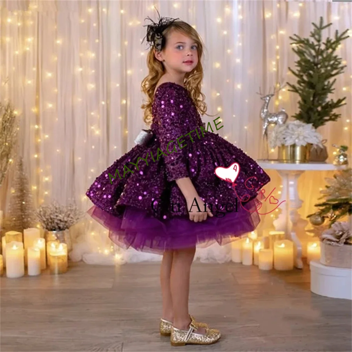 Purple Flower Girl Dress Scoop Neck Fluffy Girls Party Dresses for Wedding Puff Sequins Kids Christmas Ceremonial Dress