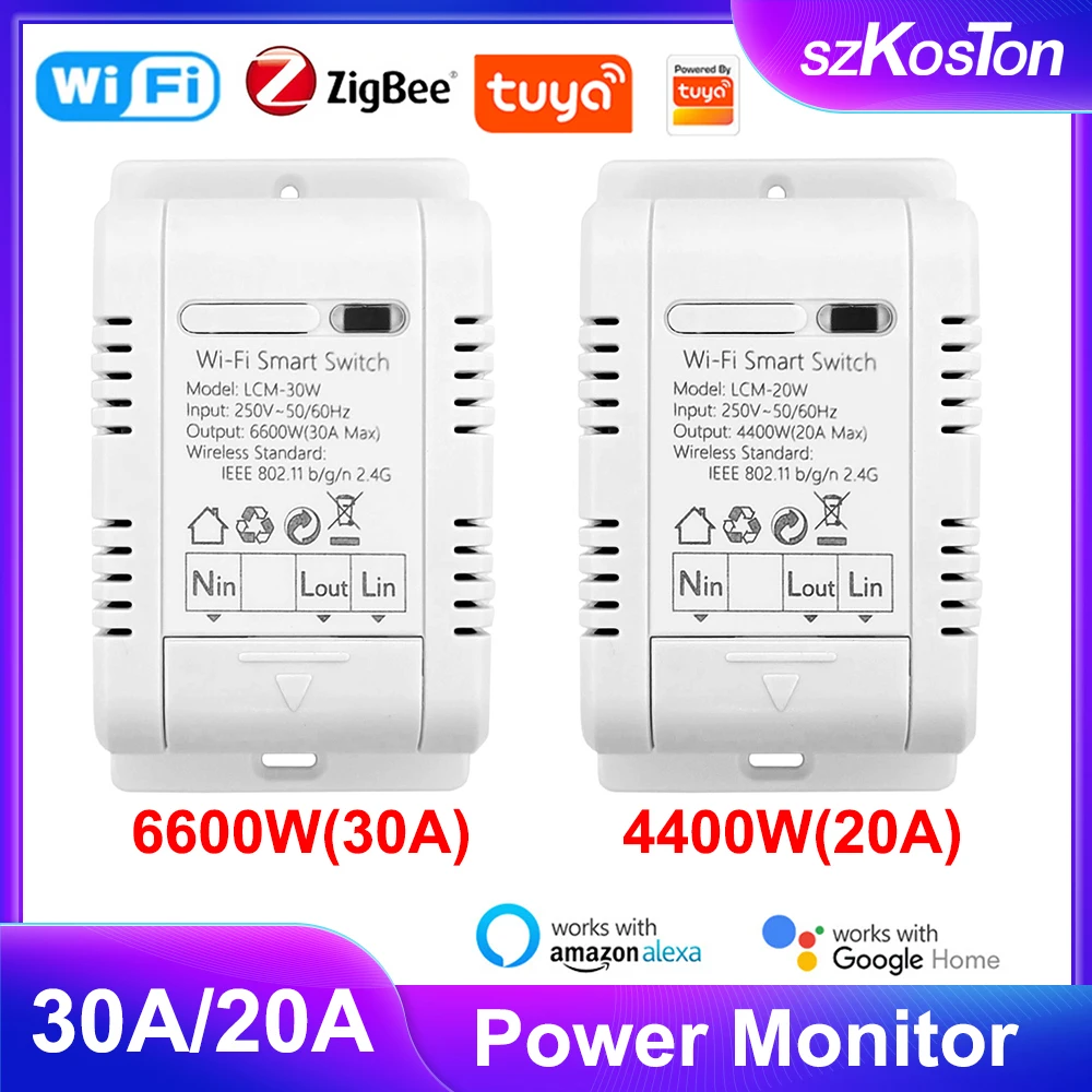 

Умный выключатель Tuya Zigbee, беспроводной релейный модуль с Wi-Fi, 30 А/20 А, контроль мощности, таймер, голосовое управление для Alexa Google