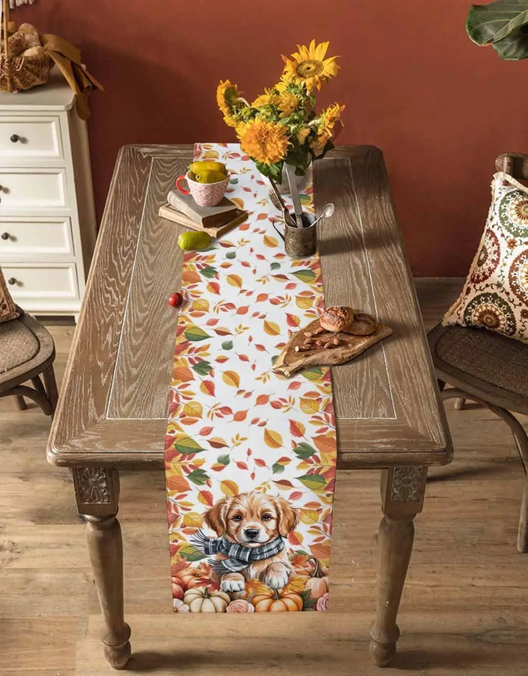 Autumn Dog Pumpkins Linen Table Runner Wedding Party Decor Thanksgiving Fall Maple Leaves Table Runners Kitchen Table Decor